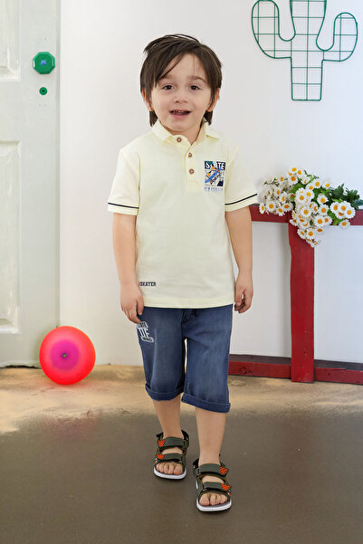 Cansın Mini كريم سكيت مطبوع بياقة بولو للأولاد طقم جينز مع شورت 18745