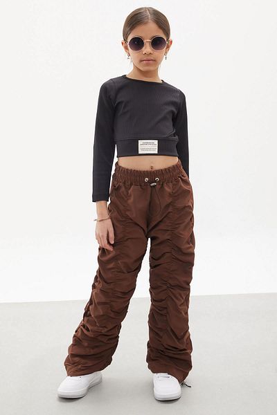 Cansın Mini Brown Stripe Stitched Girl's Parachute Trousers 18002