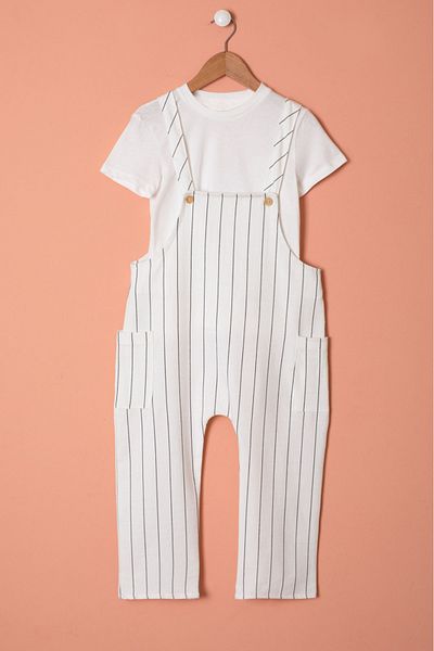 Cansın Mini Ecru Striped White T-Shirt Children's Overalls Set 18403