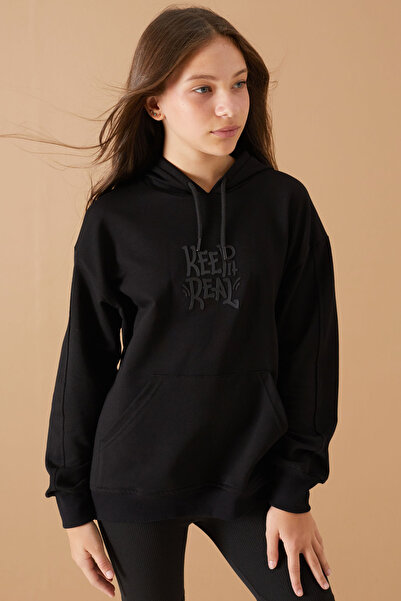 Cansın Mini Girl's Hooded Black Sweatshirt - Keep Read Printed 19357