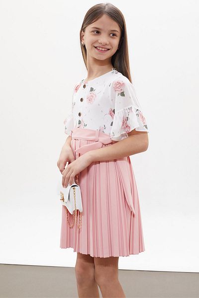 Cansın Mini Rochie plisată pentru fetiță, cu model de trandafiri roz, geantă cu mâneci scurte 18258