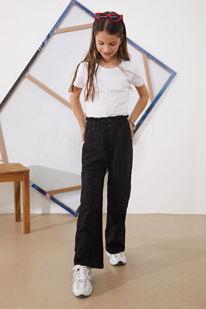 Cansın Mini Black Girl's Parachute Pants with High Waist and Double Pockets - 18927