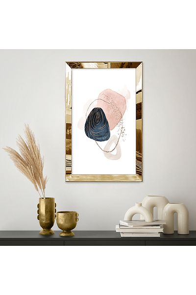 Zevahir Mobilya Dekorasyon Masa MDF simpla cu forme abstracte de culoare roz si bej cu rama din plexiglas cu oglinda aurie