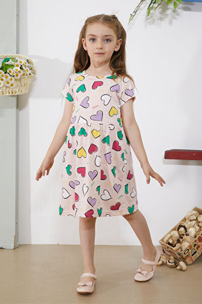 Cansın Mini Κοντομάνικο φόρεμα για κορίτσια με στάμπα καρδιάς - Salmon 18783