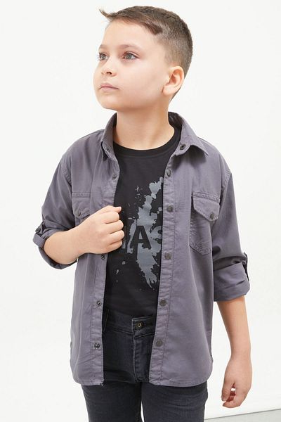 Cansın Mini Smoked Sleeves Stripe Written Jean Shirt T-Shirt Boy's 2-Piece Set 17644