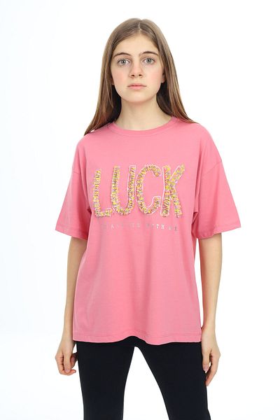 Cansın Mini Dusty Rose Luck Written Crew Neck T-shirt για κορίτσια 17801