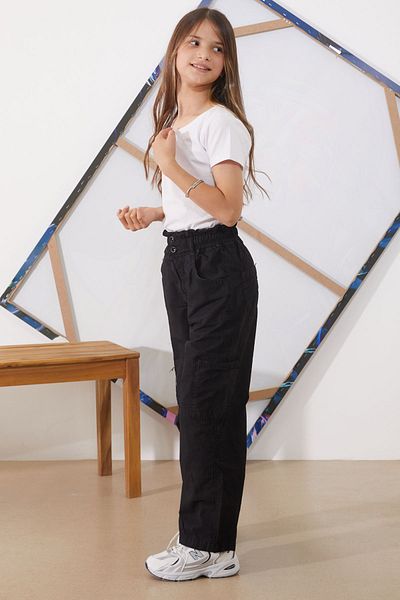 Cansın Mini Black Girl's Parachute Pants with High Waist and Double Pockets - 18927