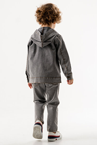 Cansın Mini Boy's Text Printed T-Shirt Hooded Jacket Smoked Jean Set 17720