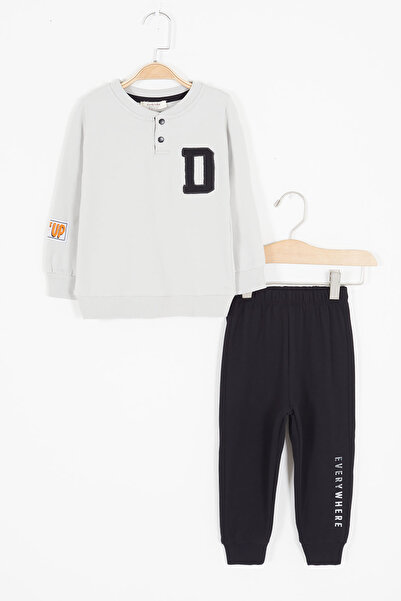 Cansın Mini Gray Letter Embroidered Snap Fastener Baby Boy Tracksuit Set 16794