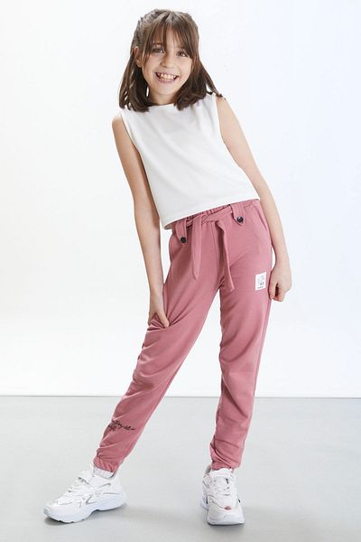 Cansın Mini Dusty Rose Fashion Girl Embroidered Belted Girl's Sweatpants 17682