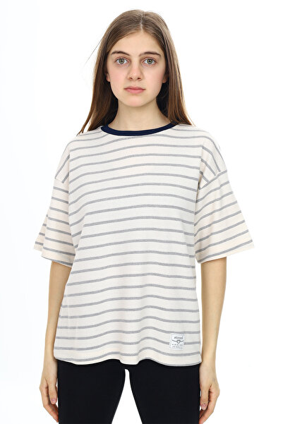 Cansın Mini Tricou cu mânecă scurtă pentru fetiță, cu dungi, albastru marin, cu gâtul turn, 18381