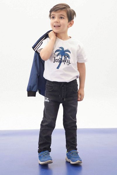 Cansın Mini Indigo Palm Printed T-Shirt Boy's Jacket 3 Piece Set 17702