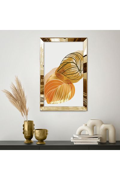Zevahir Mobilya Dekorasyon Masa MDF cu frunze de culoare aurie in stil acuarela cu rama din plexiglas cu oglinda aurie