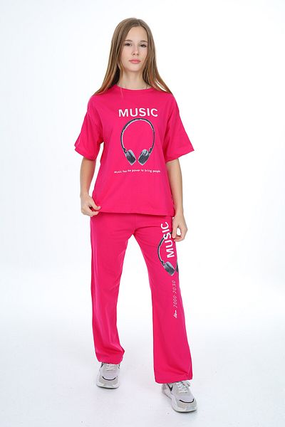 Cansın Mini Pink Music Text Printed Girl's Set 17895