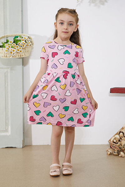 Cansın Mini Φόρεμα για κορίτσι - Ροζ στάμπα καρδιάς, κοντό μανίκι - 18779