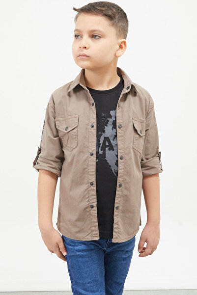 Cansın Mini Brown Sleeves Stripe Lettering Jean Shirt T-Shirt Boy's 2-Piece Set 17649