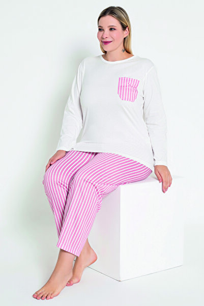 MyBen Kadın Ekru Renkli Çizgili Uzun Kollu Pijama Takımı B-44