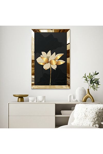 Zevahir Mobilya Dekorasyon Masă unică din MDF cu cadru din plexiglas cu oglindă aurie, modernă, minimalistă, cu flori de culoare aurie