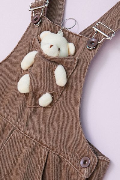 Cansın Mini Girl's Brown Salopet Jumpsuit with Teddy Bear and Chest Pocket 18753