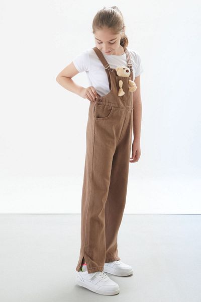 Cansın Mini Brown Teddy Bear Pocket Slit Girl's Overalls 17712