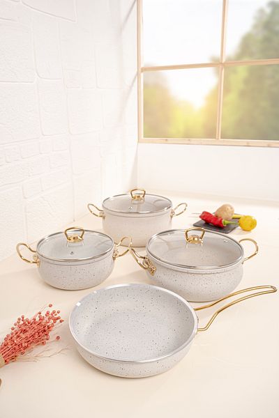 çarşıdayız 9 Piece White Granite Pot Set - Includes Metal Handle and Fountain Pot