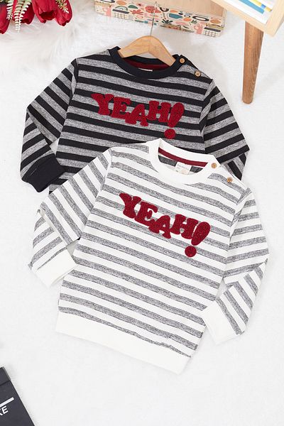 Cansın Mini Baby Boy Text Embroidered Striped 2-Piece Sweatshirt Black-Grey