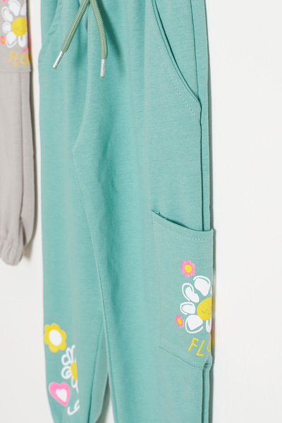 Cansın Mini Girl's Flower Printed 2-Piece Sweatpants Beige-Green 18390