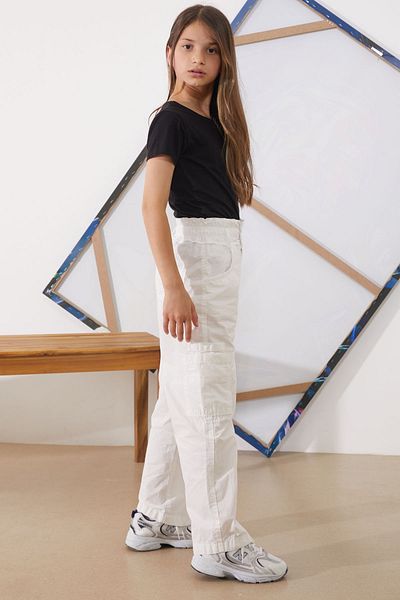 Cansın Mini White Girls' Parachute Pants with High Waist and Double Pockets - 18931