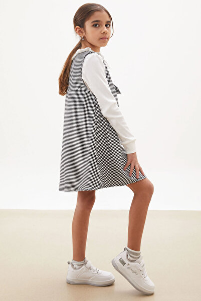 Cansın Mini Black Houndstooth Patterned Bow Girls' Dress with Badi 17651
