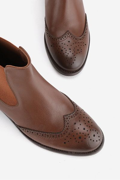 TUNAELLİ Women's Tan Genuine Leather Number 35-41 Short Heel Chelsea Boots & Booties