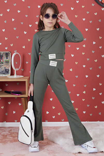 Cansın Mini Dark Green Ribbed Flare Leg Girl's Crop Suit 17262