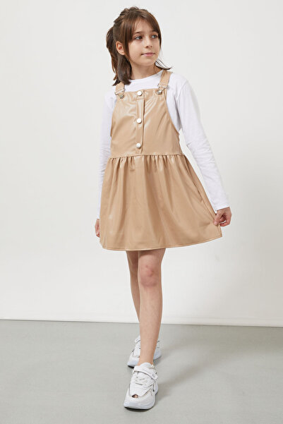 Cansın Mini Cream Strap Girl's Faux Leather Salopet 17639