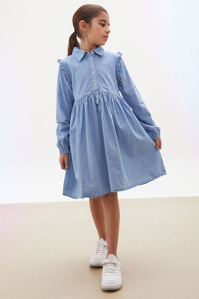 Cansın Mini Rochie pentru fetiță, cu mâneci lungi, cu mâneci albastre, cu volane, cu nasturi 17932