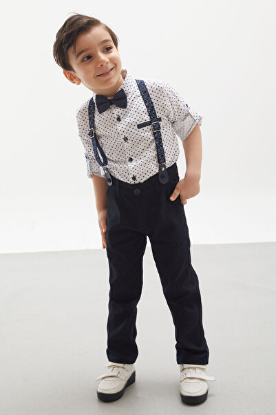Cansın Mini Navy Blue Patterned Boy's Bow Tie Suit with Shirt and Suspender Pants 18135