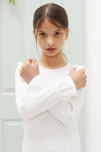 Cansın Mini Ecru Shoulder Frilly Ribbed Girl's Long Sleeve Badi 18551