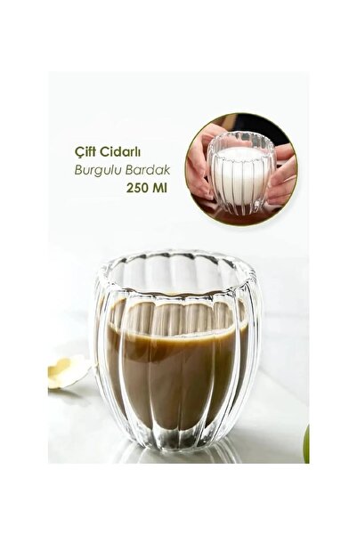 Lilya Home Çizgili Çift Camlı Çift Cidarlı Cam Bardak 250 Ml Ev Ofis Fincanı ...