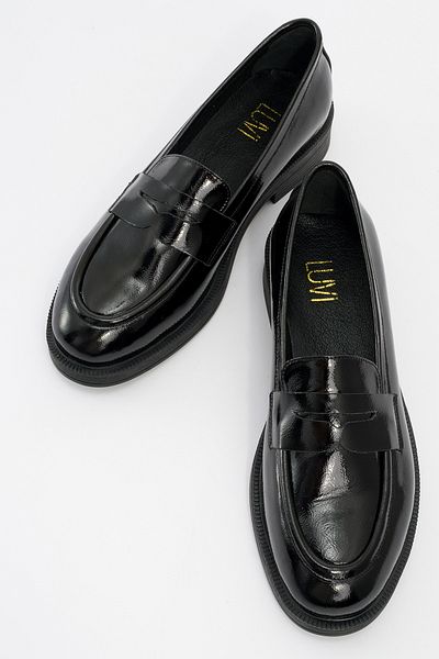 LuviShoes PLINE Damen-Loafer-Schuhe aus schwarzem Lackleder und echtem Leder