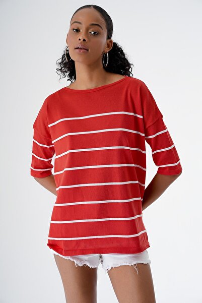 CHUBA Women's Crew Neck Oversize Short Sleeve Striped Knitwear Sweater Pomegranate-White 24S151