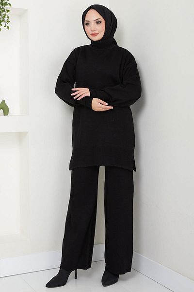 hafsamina Black Single Color Double Knitwear Set - Hm2574