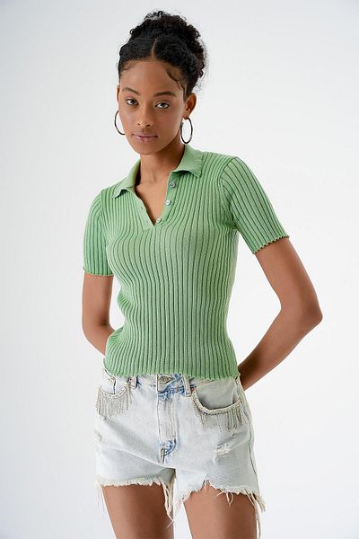 CHUBA Women's Polo Neck Buttoned Short Sleeve Knitwear Sweater Green 24S163