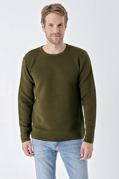 CHUBA Men's Crew Neck Standard Fit Textured Casual Knitwear Sweater Dark Khaki 24W201
