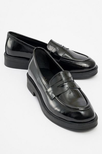 LuviShoes PLINE Damen-Loafer-Schuhe aus schwarzem Lackleder und echtem Leder