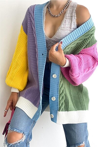 FEMELLE Kadın Oversize Triko Hırka Çok Renkli Salaş Blok Desenli