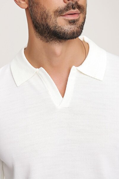 CHUBA Pulover tricot subțire cu mânecă lungă cu guler polo Reddington ecru pentru bărbați 22w403