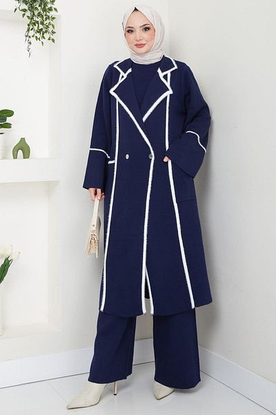 hafsamina Navy Blue Triple Beard Garnished Knitwear Set - Hm2534