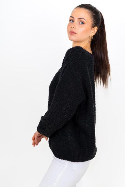 CHUBA Women's Textured Soft Button Alpaca Wool Boat Neck Knitwear Sweater Black 24W143