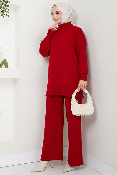 hafsamina Red Single Color Double Knitwear Set - Hm2574