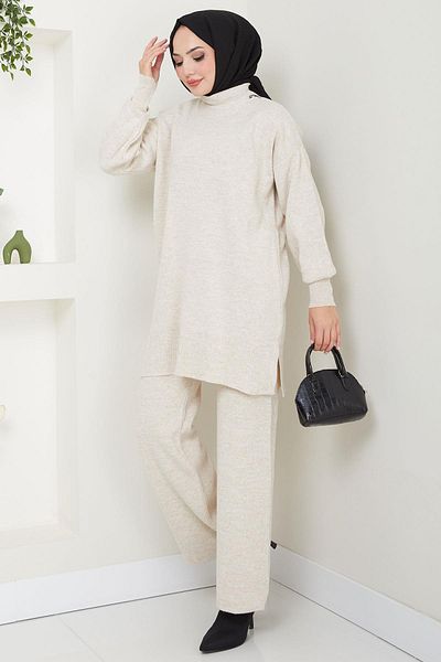 hafsamina Cream Colored Double Knitwear Set - Hm2574