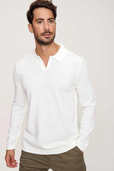 CHUBA Pulover tricot subțire cu mânecă lungă cu guler polo Reddington ecru pentru bărbați 22w403