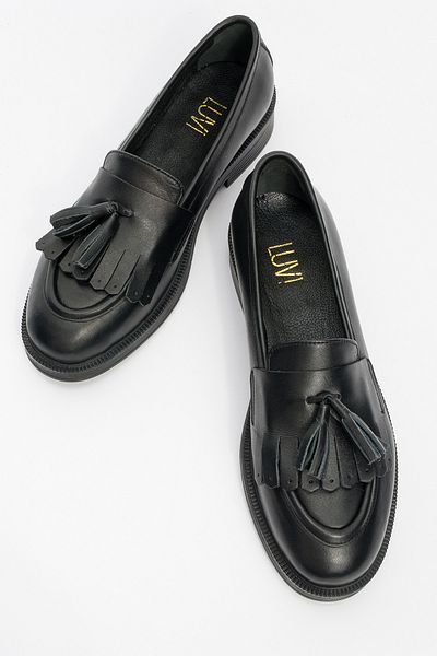 LuviShoes Γυναικεία Loafer Παπούτσια MİLINA Black Skin Tasseled από γνήσιο δέρμα